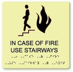 NMC - In Case of Fire - Use Stairway, Plastic Fire Sign - 8" Wide x 8" High, English/Braille, Glow-in-the-Dark - Top Tool & Supply