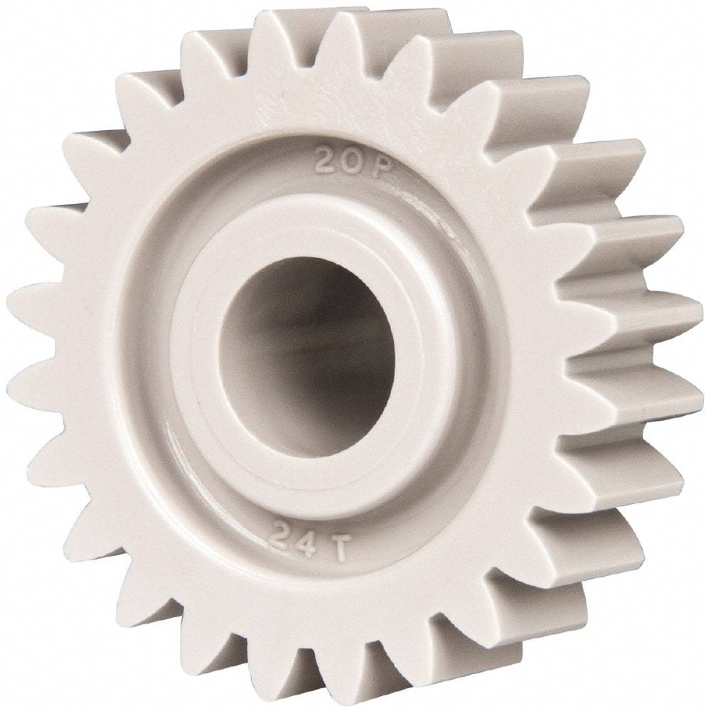 Made in USA - 20 Pitch, 1.2" Pitch Diam, 1.3" OD, 24 Tooth Spur Gear - 3/8" Face Width, 3/8" Bore Diam, 47/64" Hub Diam, 20° Pressure Angle, Acetal - Top Tool & Supply