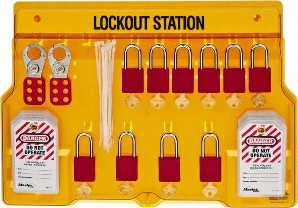 Master Lock - 14 Piece, Equipped Polycarbonate Padlock Station - 22 Inch Wide x 15-1/2 Inch High x 1-3/4 Inch Deep, Black on Yellow, Covered - Top Tool & Supply