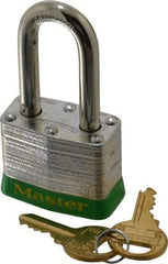 Master Lock - Keyed Different Retaining Key Conductive Lockout Padlock - 1-1/2" Shackle Clearance, 9/32" Shackle Diam, 1-1/4" Body Height x 1-9/16" Body Width, Green, 4 Pins - Top Tool & Supply