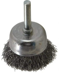 Made in USA - 1-3/4" Diam, 1/4" Shank Crimped Wire Steel Cup Brush - 0.0118" Filament Diam, 3/4" Trim Length, 13,000 Max RPM - Top Tool & Supply