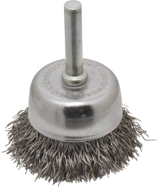 Made in USA - 1-3/4" Diam, 1/4" Shank Crimped Wire Steel Cup Brush - 0.014" Filament Diam, 3/4" Trim Length, 13,000 Max RPM - Top Tool & Supply