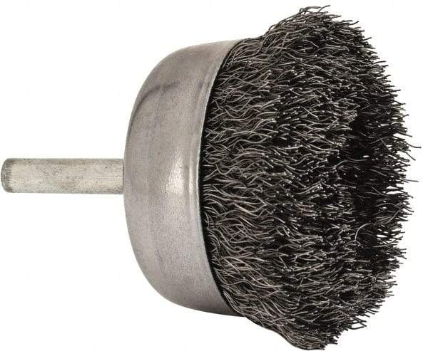 Made in USA - 2-1/4" Diam, 1/4" Shank Crimped Wire Steel Cup Brush - 0.0104" Filament Diam, 5/8" Trim Length, 13,000 Max RPM - Top Tool & Supply