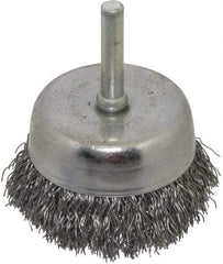 Made in USA - 2-1/4" Diam, 1/4" Shank Crimped Wire Steel Cup Brush - 0.014" Filament Diam, 5/8" Trim Length, 13,000 Max RPM - Top Tool & Supply