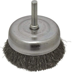 Made in USA - 2-3/4" Diam, 1/4" Shank Crimped Wire Steel Cup Brush - 0.008" Filament Diam, 7/8" Trim Length, 13,000 Max RPM - Top Tool & Supply