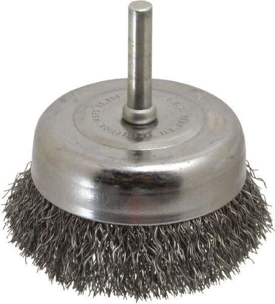 Made in USA - 2-3/4" Diam, 1/4" Shank Crimped Wire Steel Cup Brush - 0.0118" Filament Diam, 7/8" Trim Length, 13,000 Max RPM - Top Tool & Supply