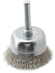 Made in USA - 1-3/4" Diam, 1/4" Shank Crimped Wire Stainless Steel Cup Brush - 0.006" Filament Diam, 3/4" Trim Length, 13,000 Max RPM - Top Tool & Supply