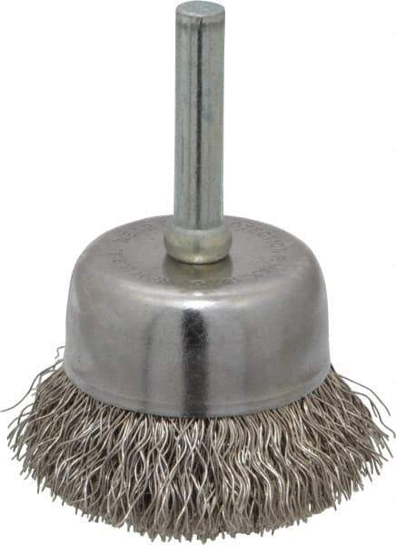 Made in USA - 1-3/4" Diam, 1/4" Shank Crimped Wire Stainless Steel Cup Brush - 0.0118" Filament Diam, 3/4" Trim Length, 13,000 Max RPM - Top Tool & Supply