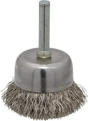 Made in USA - 1-3/4" Diam, 1/4" Shank Crimped Wire Stainless Steel Cup Brush - 0.0118" Filament Diam, 3/4" Trim Length, 13,000 Max RPM - Top Tool & Supply