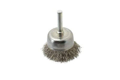 Made in USA - 1-3/4" Diam, 1/4" Shank Crimped Wire Stainless Steel Cup Brush - 0.014" Filament Diam, 3/4" Trim Length, 13,000 Max RPM - Top Tool & Supply