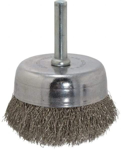 Made in USA - 2-1/4" Diam, 1/4" Shank Crimped Wire Stainless Steel Cup Brush - 0.008" Filament Diam, 5/8" Trim Length, 13,000 Max RPM - Top Tool & Supply