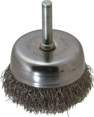 Made in USA - 2-1/4" Diam, 1/4" Shank Crimped Wire Stainless Steel Cup Brush - 0.0118" Filament Diam, 5/8" Trim Length, 13,000 Max RPM - Top Tool & Supply