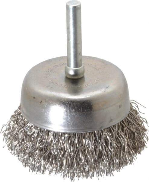 Made in USA - 2-1/4" Diam, 1/4" Shank Crimped Wire Stainless Steel Cup Brush - 0.014" Filament Diam, 5/8" Trim Length, 13,000 Max RPM - Top Tool & Supply