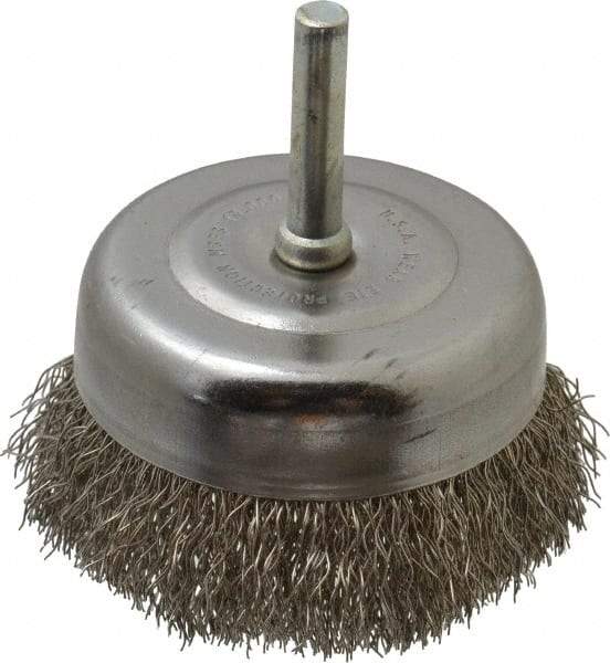 Made in USA - 2-3/4" Diam, 1/4" Shank Crimped Wire Stainless Steel Cup Brush - 0.0118" Filament Diam, 7/8" Trim Length, 13,000 Max RPM - Top Tool & Supply
