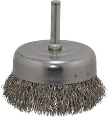 Made in USA - 2-3/4" Diam, 1/4" Shank Crimped Wire Stainless Steel Cup Brush - 0.014" Filament Diam, 7/8" Trim Length, 13,000 Max RPM - Top Tool & Supply