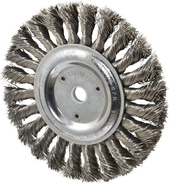 Weiler - 6" OD, 5/8" Arbor Hole, Knotted Stainless Steel Wheel Brush - 1/2" Face Width, 1-3/8" Trim Length, 0.016" Filament Diam, 9,000 RPM - Top Tool & Supply