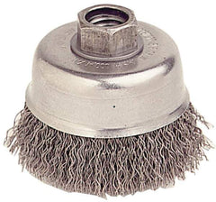 Weiler - 3-1/2" Diam, 1/2-13 Threaded Arbor, Stainless Steel Fill Cup Brush - 0.014 Wire Diam, 7/8" Trim Length, 12,000 Max RPM - Top Tool & Supply