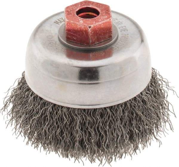 Weiler - 3" Diam, M10x1.50 Threaded Arbor, Steel Fill Cup Brush - 0.014 Wire Diam, 7/8" Trim Length, 14,000 Max RPM - Top Tool & Supply