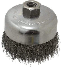 Weiler - 4" Diam, 5/8-11 Threaded Arbor, Steel Fill Cup Brush - 0.014 Wire Diam, 1-3/8" Trim Length, 9,000 Max RPM - Top Tool & Supply