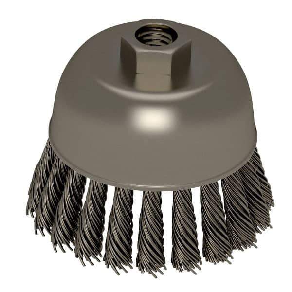Weiler - 2-3/4" Diam, 5/8-11 Threaded Arbor, Stainless Steel Fill Cup Brush - 0.02 Wire Diam, 7/8" Trim Length, 14,000 Max RPM - Top Tool & Supply