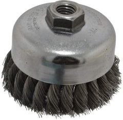 Weiler - 4" Diam, 5/8-11 Threaded Arbor, Steel Fill Cup Brush - 0.014 Wire Diam, 1-1/4" Trim Length, 9,000 Max RPM - Top Tool & Supply