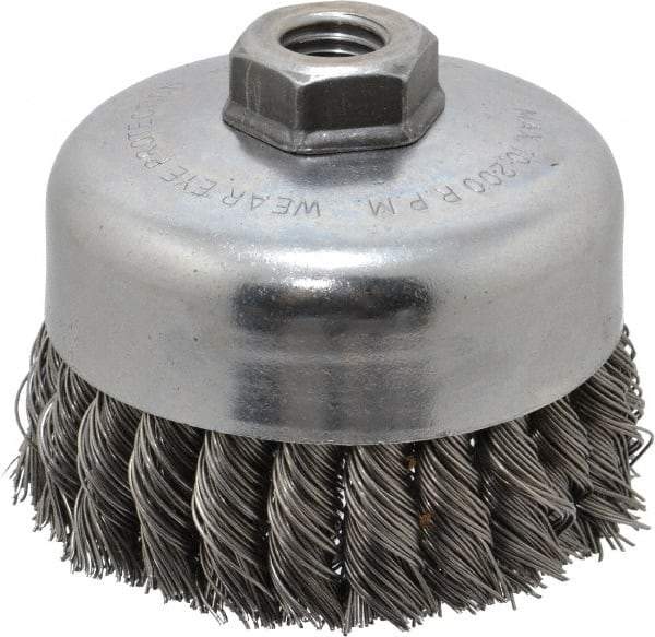 Weiler - 4" Diam, 5/8-11 Threaded Arbor, Steel Fill Cup Brush - 0.023 Wire Diam, 1-1/4" Trim Length, 9,000 Max RPM - Top Tool & Supply
