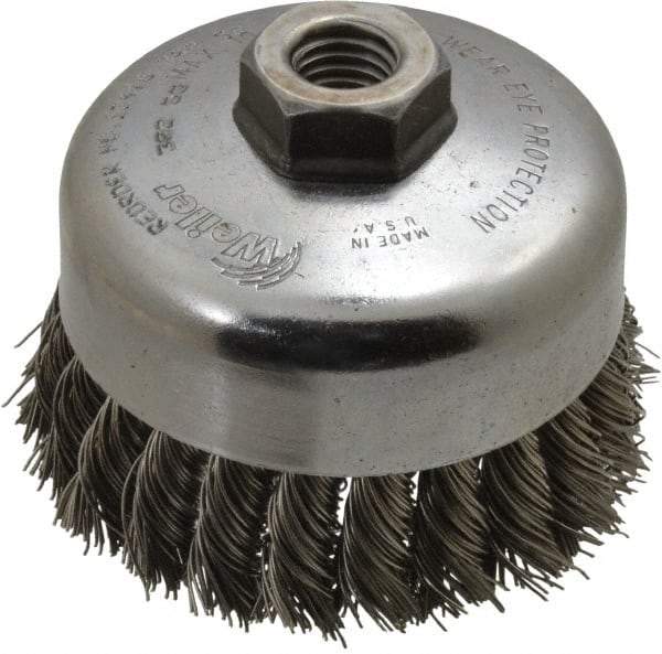 Weiler - 4" Diam, 5/8-11 Threaded Arbor, Stainless Steel Fill Cup Brush - 0.023 Wire Diam, 1-1/4" Trim Length, 9,000 Max RPM - Top Tool & Supply
