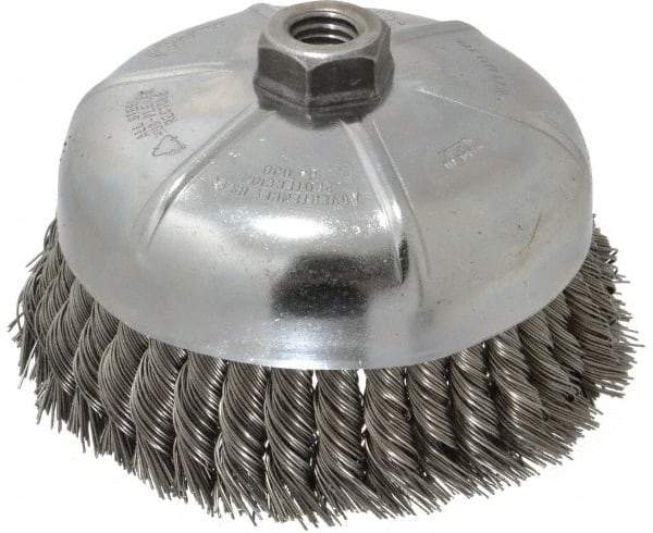 Weiler - 6" Diam, 5/8-11 Threaded Arbor, Steel Fill Cup Brush - 0.023 Wire Diam, 1-3/8" Trim Length, 6,600 Max RPM - Top Tool & Supply