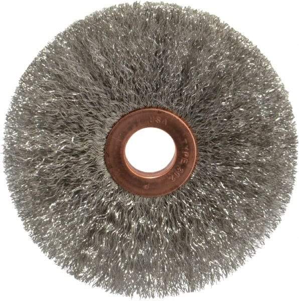 Weiler - 3" OD, 1/2" Arbor Hole, Crimped Stainless Steel Wheel Brush - 5/8" Face Width, 1" Trim Length, 0.006" Filament Diam, 20,000 RPM - Top Tool & Supply