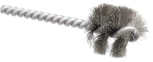 Made in USA - 1-1/8" Diam Helical Stainless Steel Tube Brush - 0.008" Filament Diam, 1" Brush Length, 3-1/2" OAL, 0.248" Diam Stainless Steel Shank - Top Tool & Supply