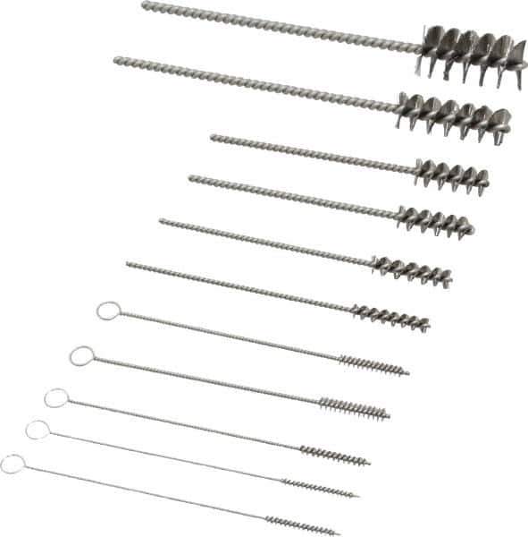PRO-SOURCE - 11 Piece Stainless Steel Hand Tube Brush Set - 3/4" to 1-1/2" Brush Length, 4" OAL, 0.034" Shank Diam, Includes Brush Diams 1/4", 5/16", 3/8", 1/2" & 3/4" - Top Tool & Supply