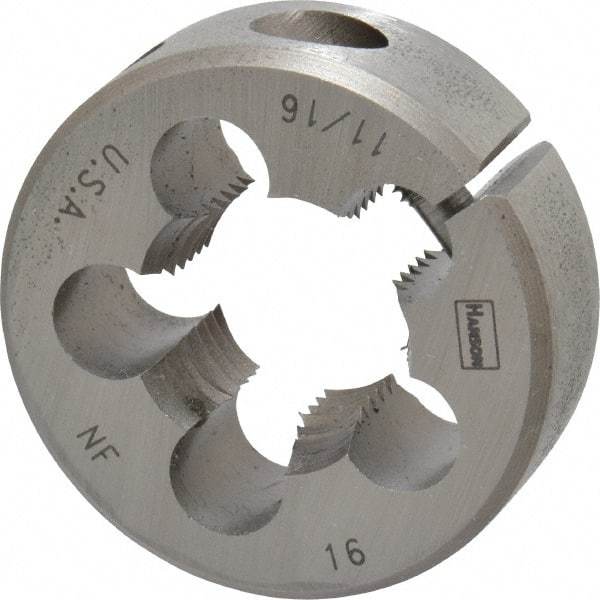 Irwin Hanson - 11/16-16 UNS Thread, 1-1/2" Outside Diam Carbon Steel Round Die - 1/2" Thick, Right Hand Thread, Adjustable - Exact Industrial Supply