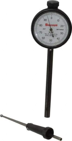 Starrett - 0.2 Inch Range, 0.001 Inch Dial Graduation, Dial Test Indicator - 1-11/16 Inch White Dial, 0-100 Dial Reading - Top Tool & Supply