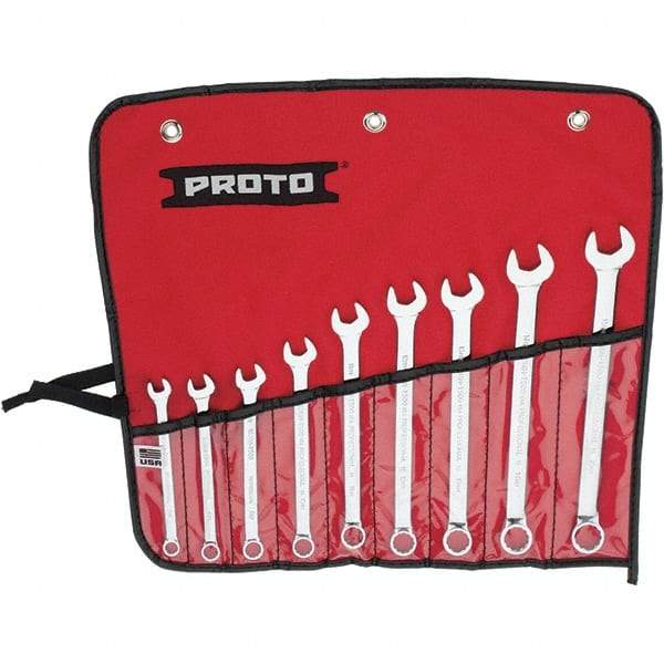 Proto - 9 Piece, 7mm to 15mm, 12 Point Combination Wrench Set - Metric Measurement Standard, Full Polish Finish, Comes in Vinyl Roll - Top Tool & Supply