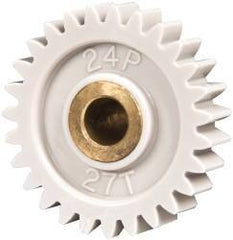 Made in USA - 24 Pitch, 1-1/8" Pitch Diam, 1.208" OD, 27 Tooth Spur Gear - 1/4" Face Width, 1/4" Bore Diam, 5/8" Hub Diam, 20° Pressure Angle, Acetal - Top Tool & Supply