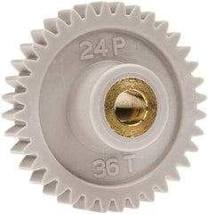 Made in USA - 24 Pitch, 1-1/2" Pitch Diam, 1.583" OD, 36 Tooth Spur Gear - 1/4" Face Width, 1/4" Bore Diam, 5/8" Hub Diam, 20° Pressure Angle, Acetal - Top Tool & Supply