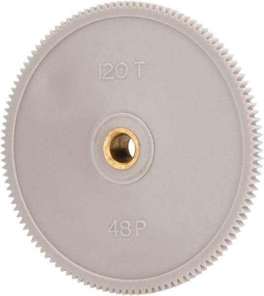 Made in USA - 48 Pitch, 2-1/2" Pitch Diam, 2.542" OD, 120 Tooth Spur Gear - 1/8" Face Width, 1/4" Bore Diam, 39/64" Hub Diam, 20° Pressure Angle, Acetal - Top Tool & Supply