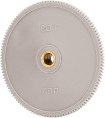 Made in USA - 48 Pitch, 2-1/2" Pitch Diam, 2.542" OD, 120 Tooth Spur Gear - 1/8" Face Width, 1/4" Bore Diam, 39/64" Hub Diam, 20° Pressure Angle, Acetal - Top Tool & Supply