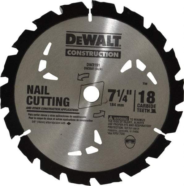 DeWALT - 7-1/4" Diam, 5/8" Arbor Hole Diam, 18 Tooth Wet & Dry Cut Saw Blade - Carbide-Tipped, General Purpose Action, Diamond Arbor - Top Tool & Supply