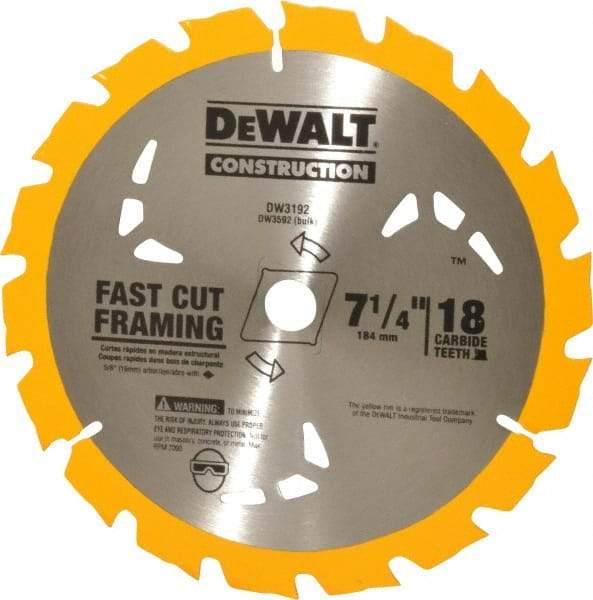 DeWALT - 7-1/4" Diam, 5/8" Arbor Hole Diam, 18 Tooth Wet & Dry Cut Saw Blade - Carbide-Tipped, General Purpose Action, Diamond Arbor - Top Tool & Supply