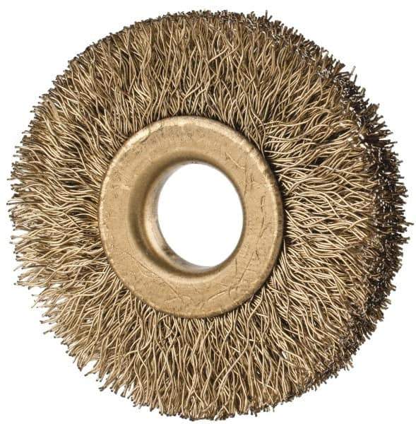 Value Collection - 1-1/2" OD, 3/8" Arbor Hole, Crimped Brass-Coated Steel Wheel Brush - 1/4" Face Width, 3/8" Trim Length, 0.007" Filament Diam, 20,000 RPM - Top Tool & Supply