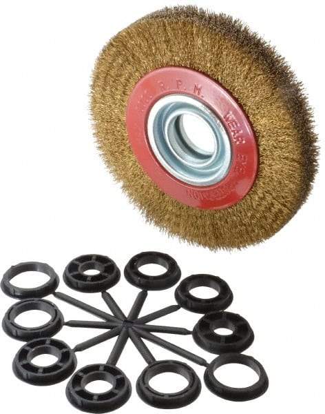 Value Collection - 6" OD, 1-1/4" Arbor Hole, Crimped Brass-Coated Steel Wheel Brush - 1" Face Width, 1-1/8" Trim Length, 0.012" Filament Diam, 6,000 RPM - Top Tool & Supply