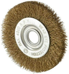 Value Collection - 3" OD, 1/2" Arbor Hole, Crimped Brass-Coated Steel Wheel Brush - 3/8" Face Width, 5/8" Trim Length, 0.007" Filament Diam, 4,500 RPM - Top Tool & Supply