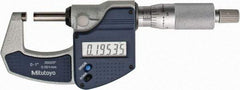 Mitutoyo - 0 to 1" Range, 0.0001" Resolution, Standard Throat, Electronic Outside Micrometer - 0.0001" Accuracy, Ratchet Stop Thimble, Carbide Face, SR44 Battery, Plastic Case, Includes NIST Traceable Certification of Inspection - Top Tool & Supply