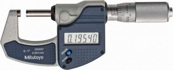 Mitutoyo - 0 to 1" Range, 0.0001" Resolution, Standard Throat, Electronic Outside Micrometer - 0.0001" Accuracy, Friction Thimble, Carbide Face, SR44 Battery, Plastic Case, Includes NIST Traceable Certification of Inspection - Top Tool & Supply