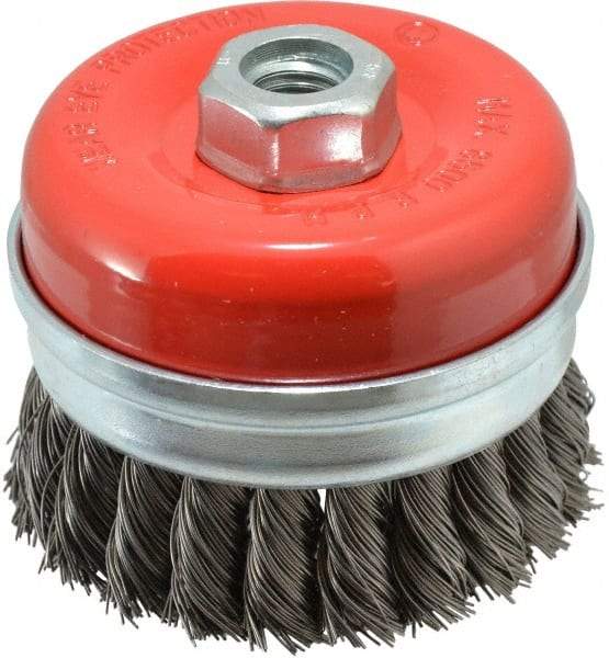 Value Collection - 3-3/16" Diam, 5/8-11 Threaded Arbor, Steel Fill Cup Brush - 0.02 Wire Diam, 8,500 Max RPM - Top Tool & Supply