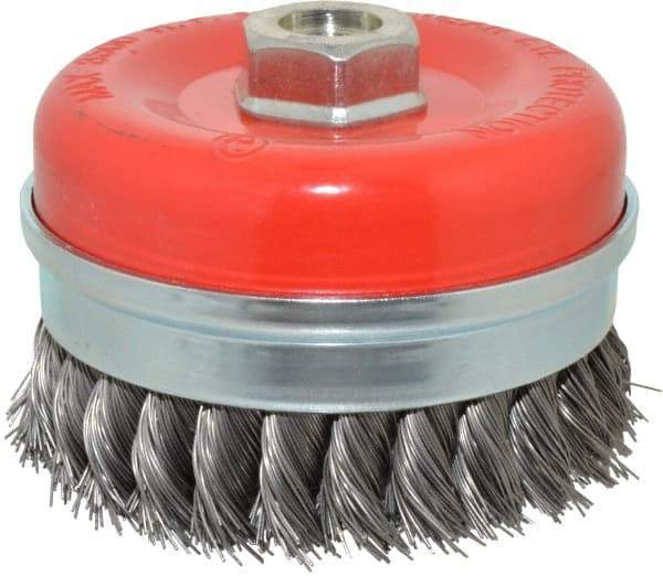 Value Collection - 4" Diam, 5/8-11 Threaded Arbor, Steel Fill Cup Brush - 0.02 Wire Diam, 8,500 Max RPM - Top Tool & Supply