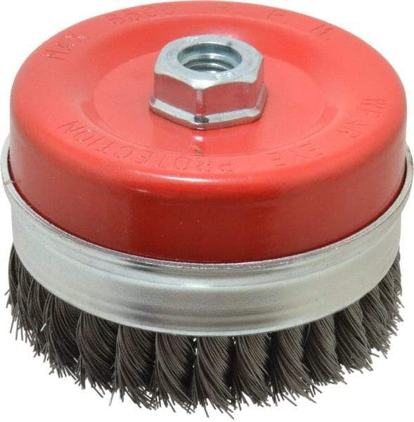 Value Collection - 4-3/8" Diam, 5/8-11 Threaded Arbor, Steel Fill Cup Brush - 0.02 Wire Diam, 6,500 Max RPM - Top Tool & Supply