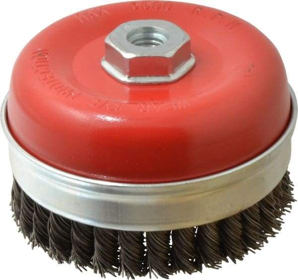 Value Collection - 5" Diam, 5/8-11 Threaded Arbor, Steel Fill Cup Brush - 0.0314 Wire Diam, 6,500 Max RPM - Top Tool & Supply