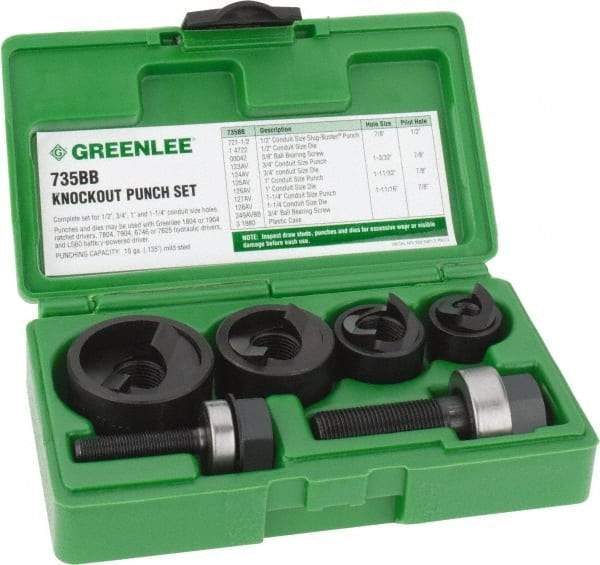 Greenlee - 11 Piece, 1/2 to 1-1/4" Punch Hole Diam, Manual Knockout Set - Round Punch, 10 Gage Mild Steel - Top Tool & Supply